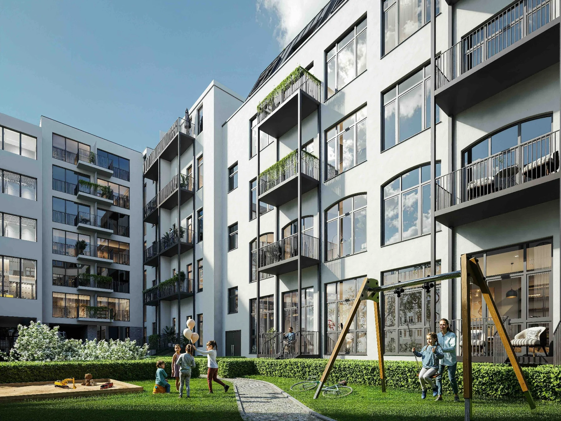 Begrünter Innenhof mit Spielplatz – Atelierhof Kurfürstenstraße