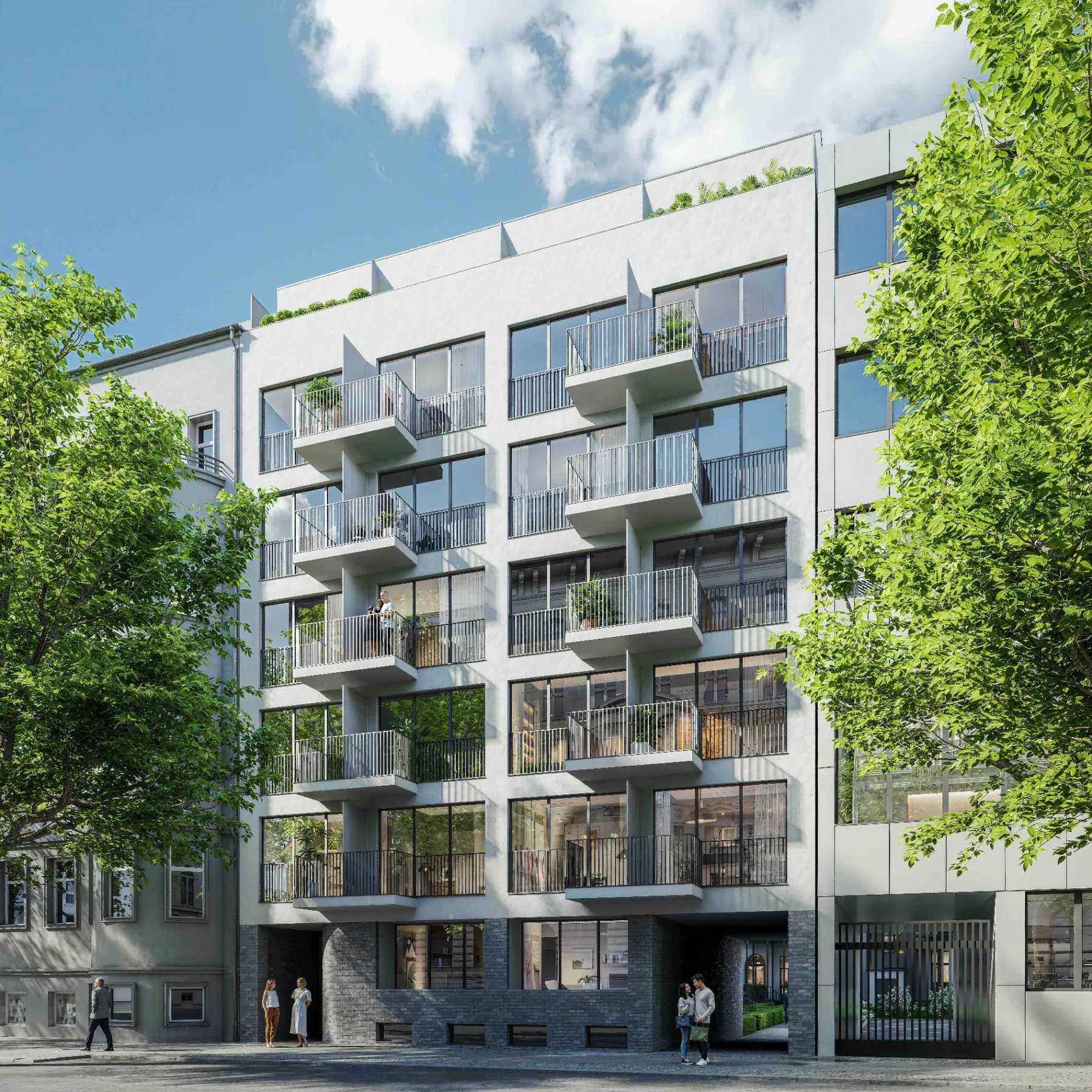 Straßenansicht Atelierhof Kurfürstenstraße – Fassade mit Balkonen