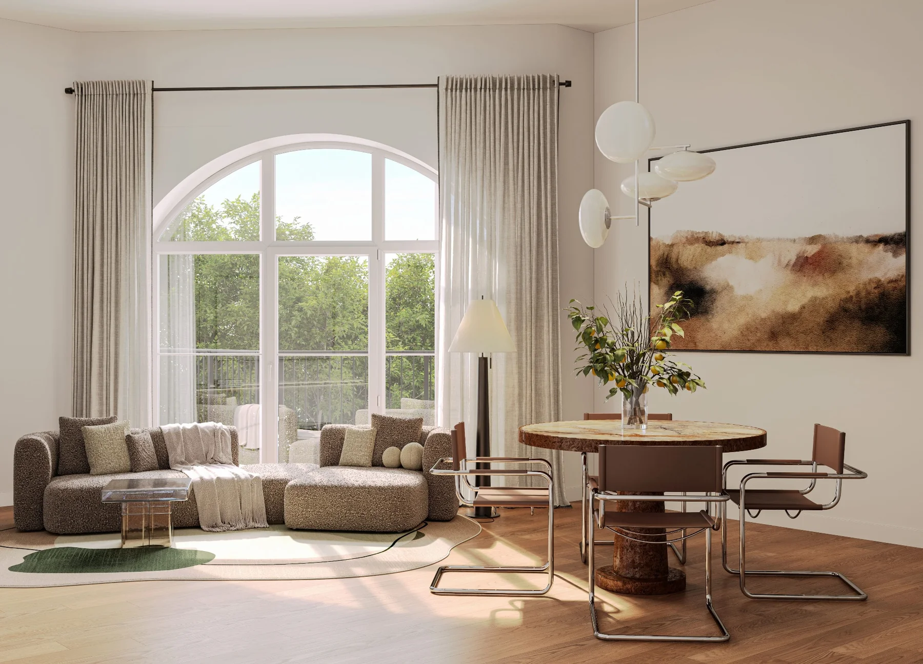 Wohnzimmer mit Rundbogenfenster, hochwertige Innenausstattung