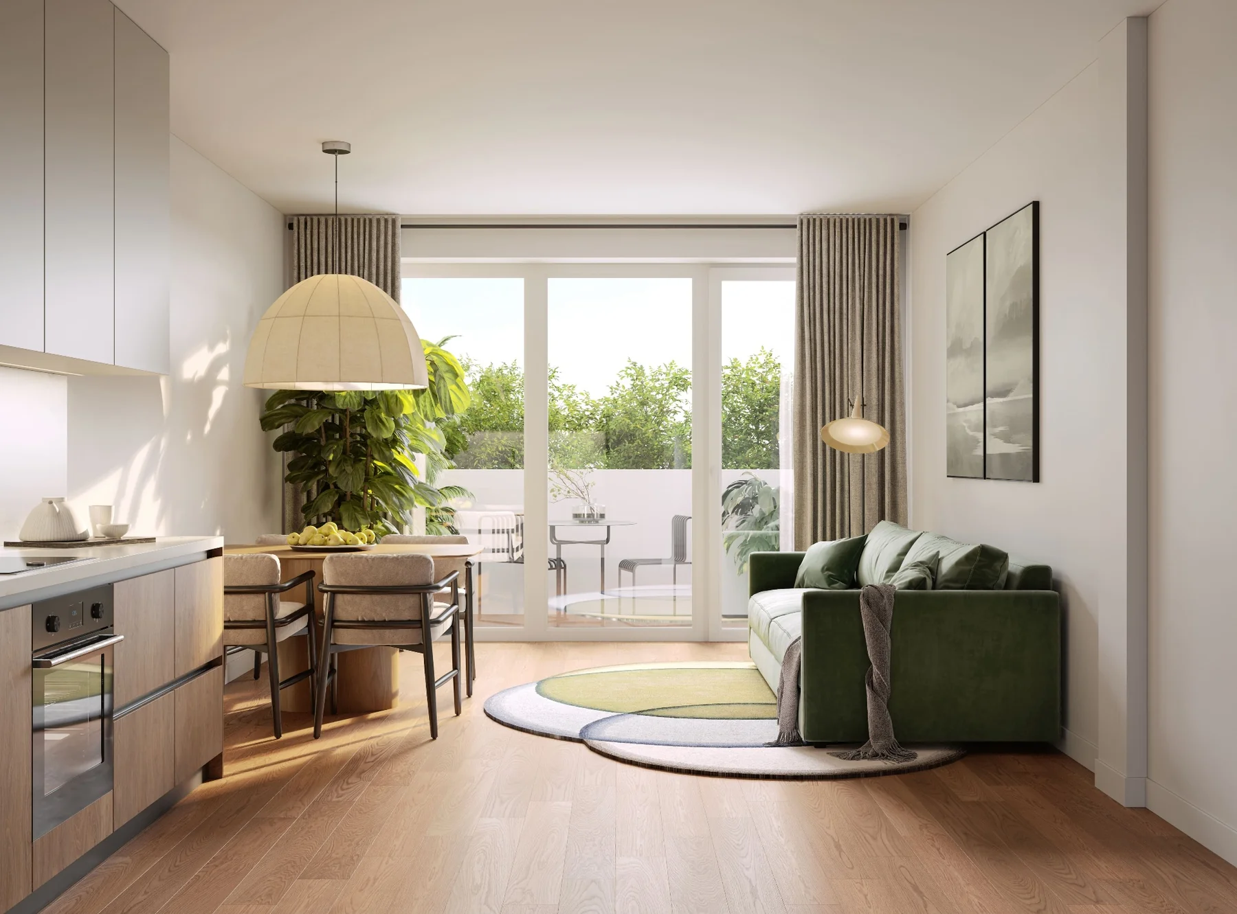 Loft-Wohnraum mit Esstisch und Sofa